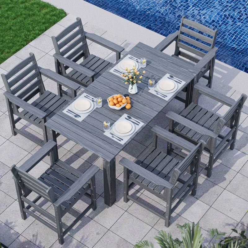 Gray 5/7-Piece HDPE Wood Grain Patio Outdoor Dining Set with Armrest & Umbrella Hole - Gray