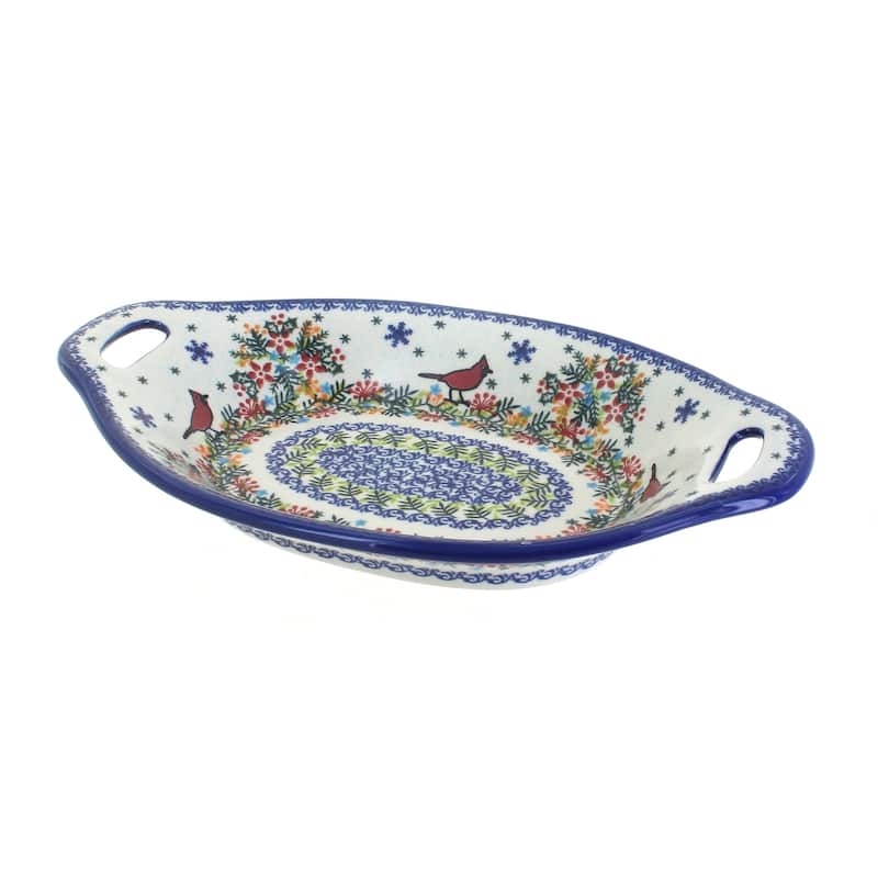 Blue Rose Polish Pottery 110 Vena Bread Tray with Handles - Winter Cardinal