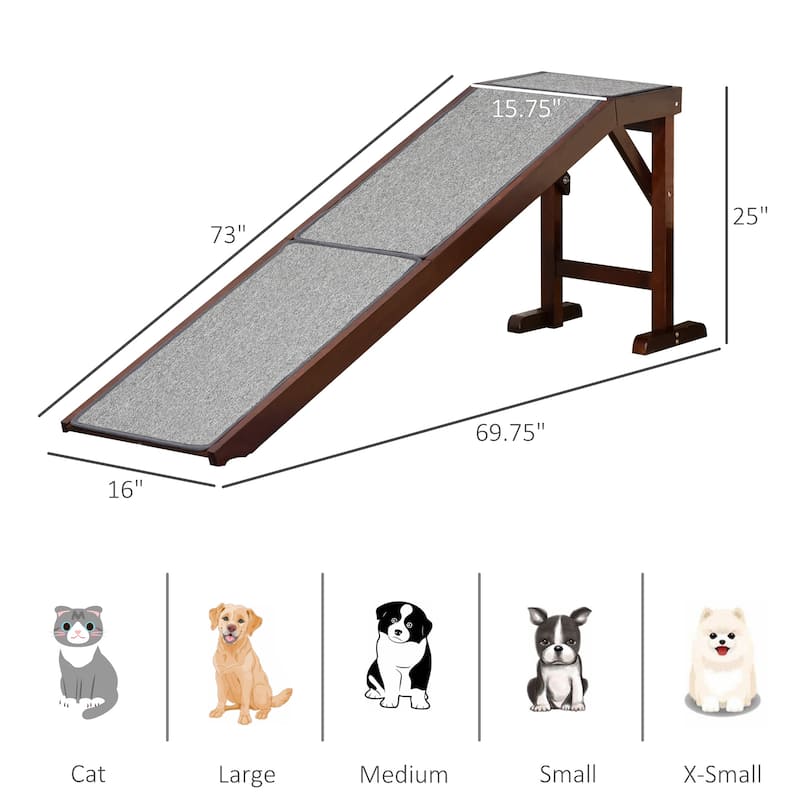 PawHut Pet Ramp for Dogs Non-slip Carpet Top Platform Pine Wood 69.75"L x 16"W x 25"H, Brown Grey