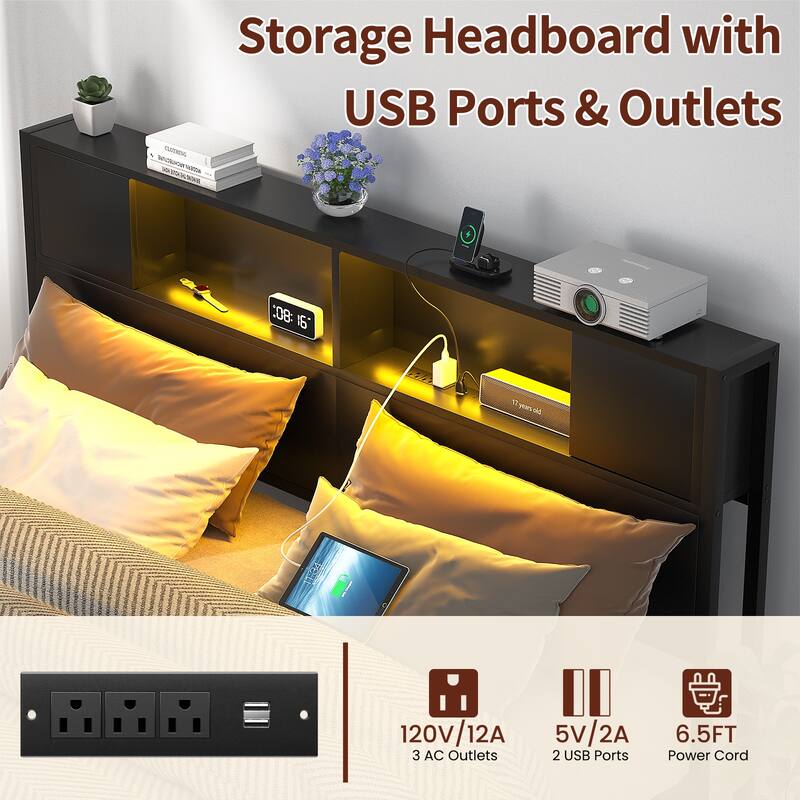 Storage Headboard Platform Bed Frame with Charge Station and LED Light