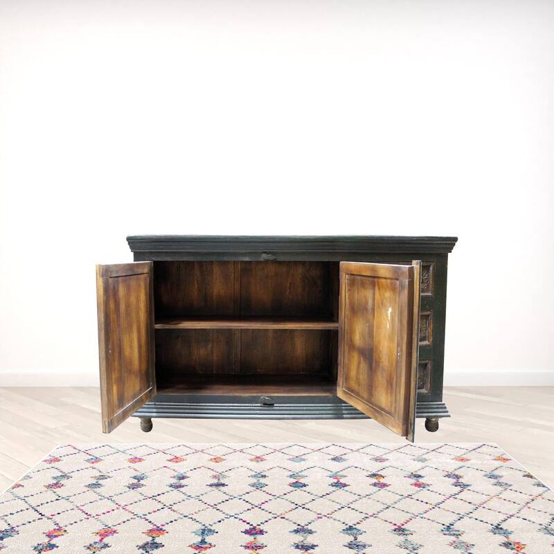 HomeRoots 60" Dark Brown and Green Solid Wood Three Drawer Buffet Table with Two Doors - 60.00 in. x 36.00 in. x 16.00 in. - 60.00 in. x 36.00 in.  x 16.00 in.