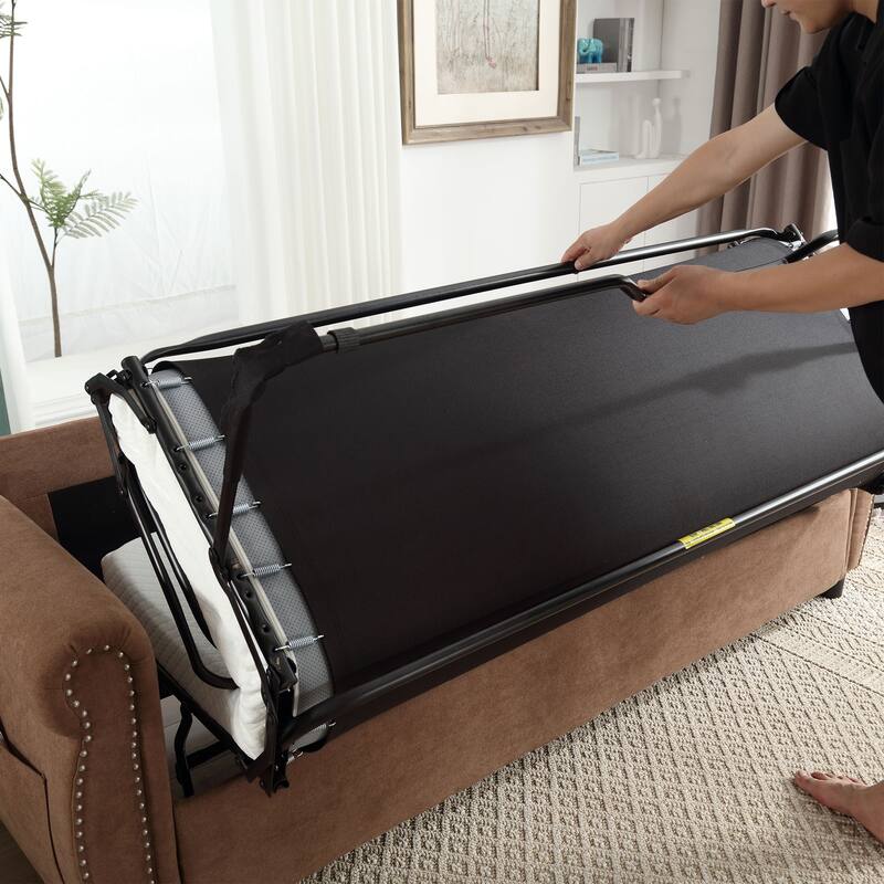 63″ Polyester 3-Seater Sleeper Sofa with Pull-Out Mattress & Retro Rivet Arms