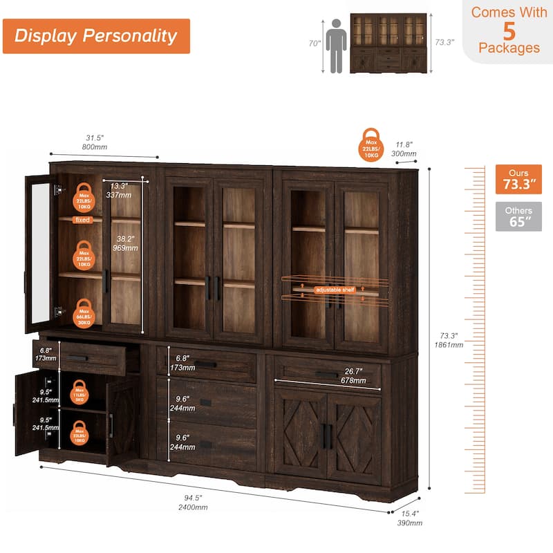 3-Column 73.3" Tall Bookshelf Set with Open Storage and Glass Doors