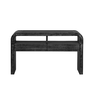 Retro Curved Entryway Console Table with 2 Drawers, 52" Solid Wood Living Room Sofa Table with Open Storage Shelves
