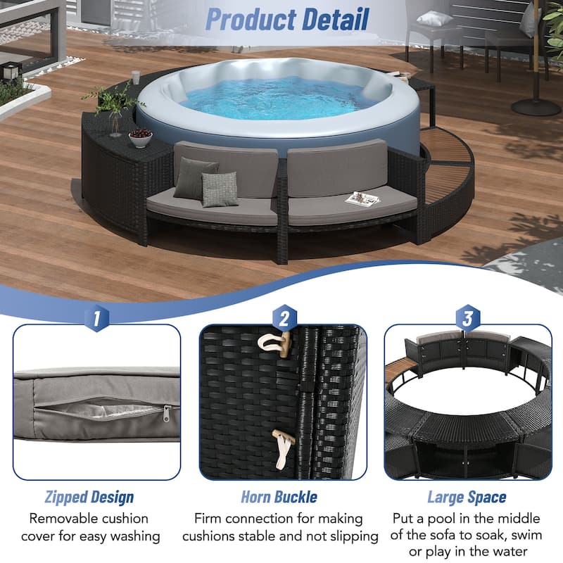 Outdoor Surround Spa Sofa Set with Storage Spaces, Mini Sofa and Cushions, All Weather Round Sectional Sofa, Free Combination