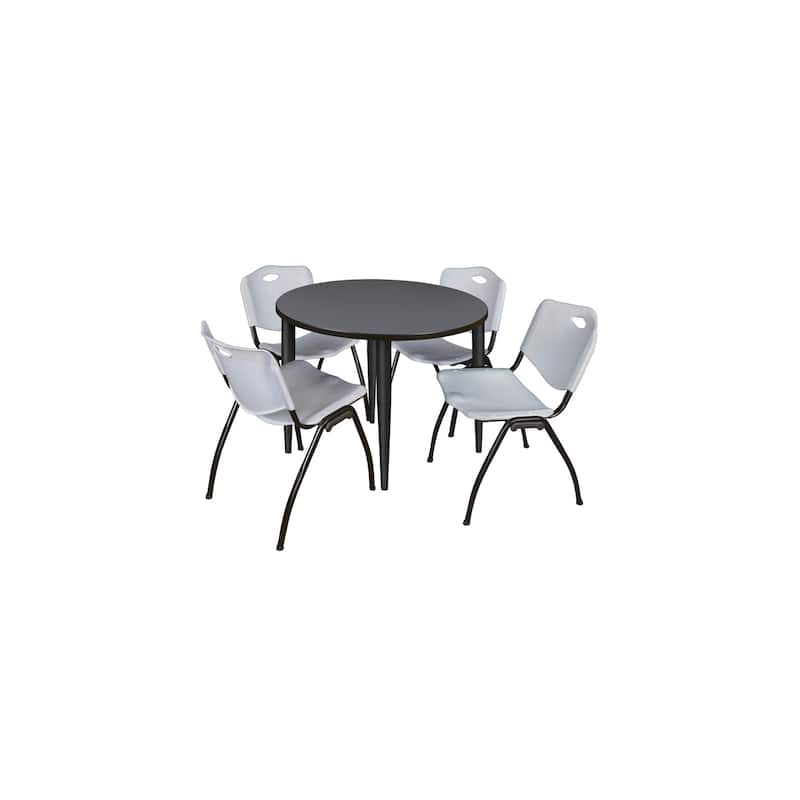 36 in. Round Breakroom Table- Grey Top, Black Base & 4 M Stack Chairs- Grey