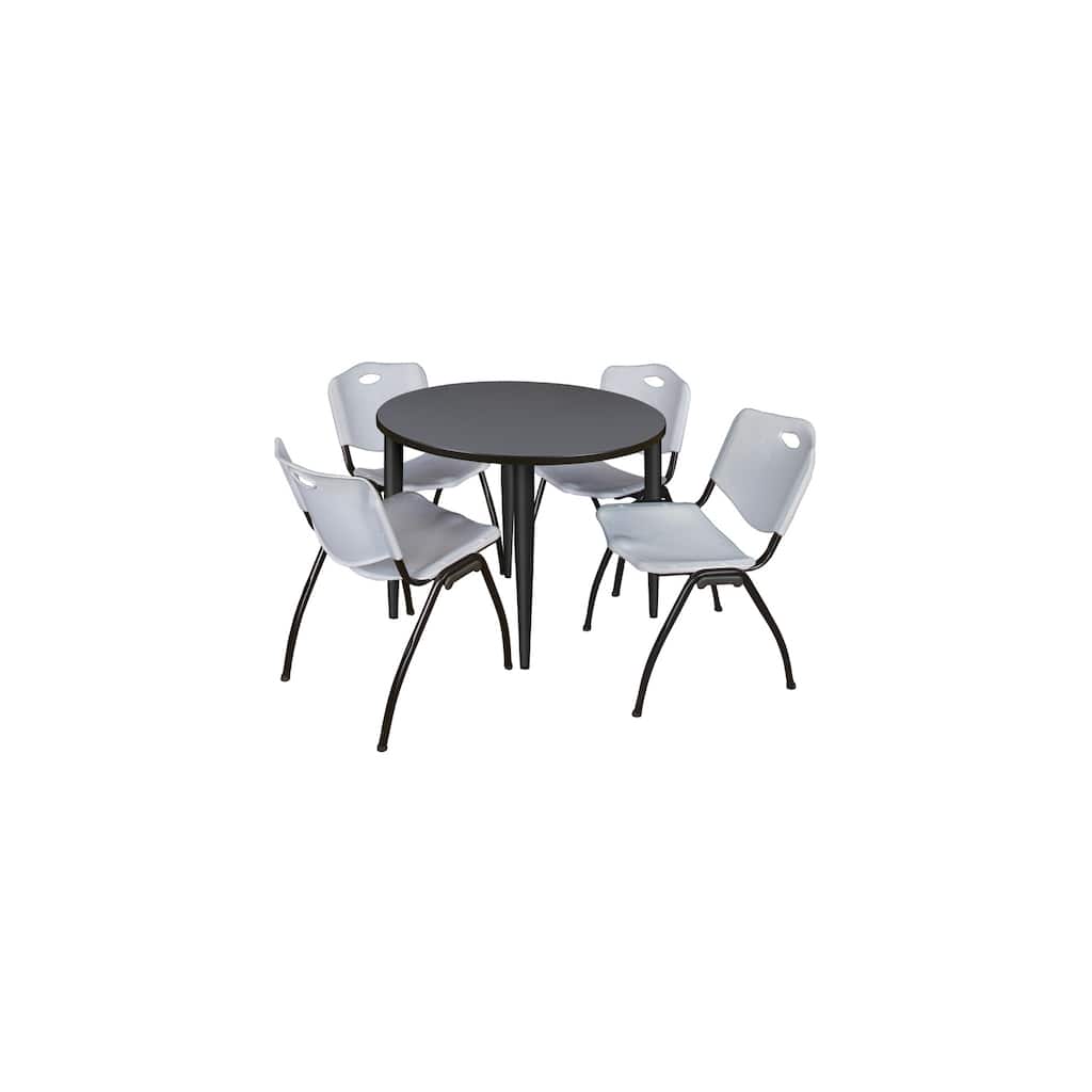 36 in. Round Breakroom Table- Grey Top, Black Base & 4 M Stack Chairs- Grey