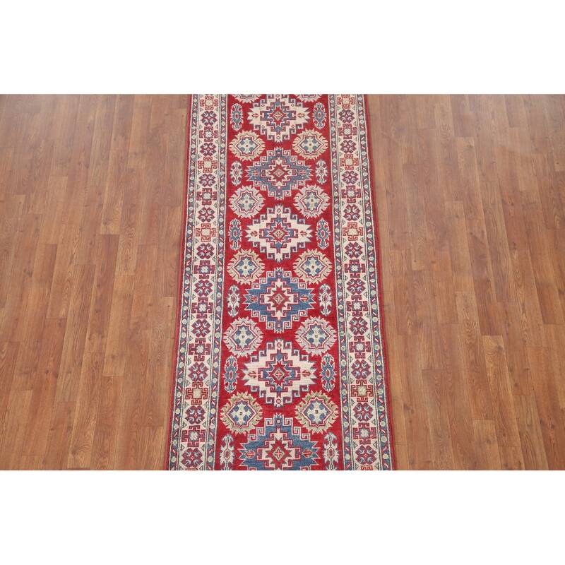 Hand Knotted Oriental 100% Wool Carpet Traditional Geometric Red Kazak Runner Rug - 7' 7'' X 2' 9''