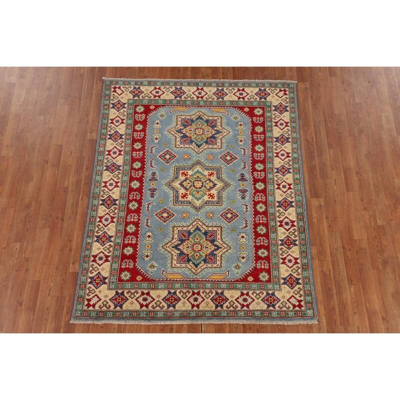 Light Blue Kazak Rug Handmade Geometric Wool Carpet - 4'10" x 6'1"