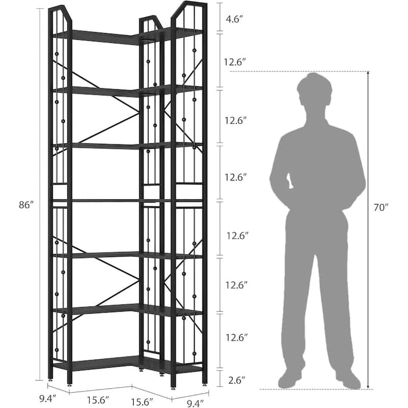 86" 7 Tier Industrial Corner Bookshelf, L-Shaped Bookcase - N/A