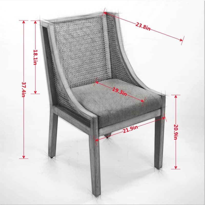 Rustic Rattan Dining Chairs with Solid Wood Frame ,Decorative Armrests and Linen Upholstered Seat