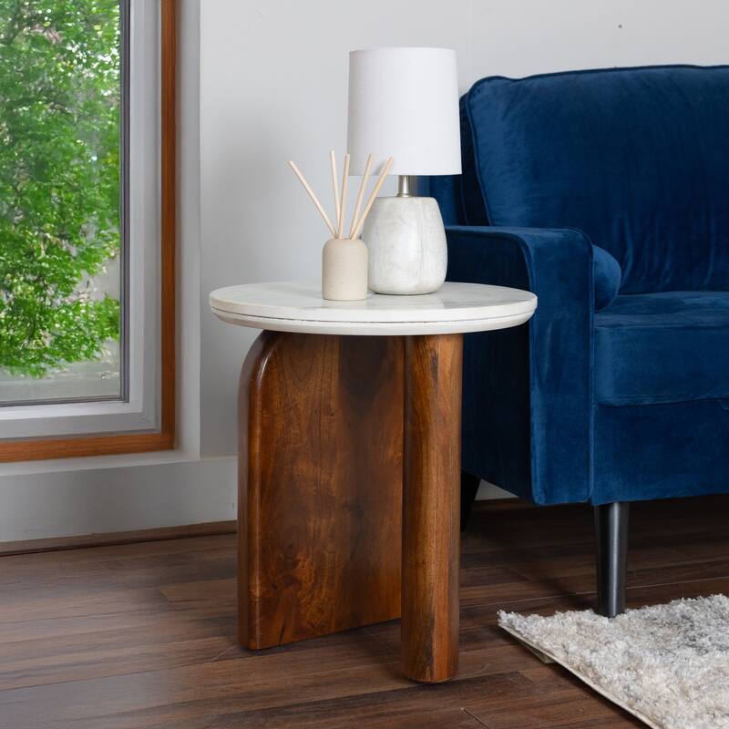 Modern Round Side Table with Banswara Marble Top & Stained Mango Wood Base - Elegant Accent Table