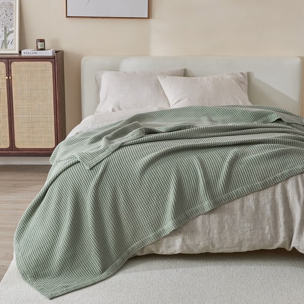 Linery & Co. 100% Cotton All-Season Lightweight Waffle Weave Knit Throw Blanket - 50" x 60" Throw - Eucalyptus