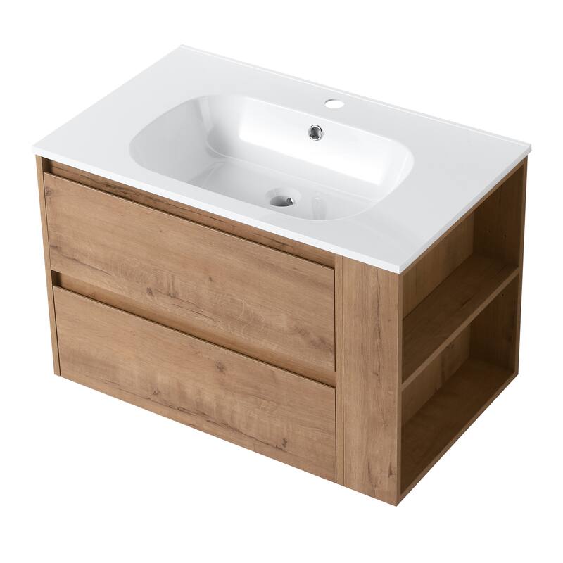 30" Wall-Mounted Bathroom Vanity with Gel Basin, Soft-Close 2/3 Extended Drawers, Adjustable Side Rack