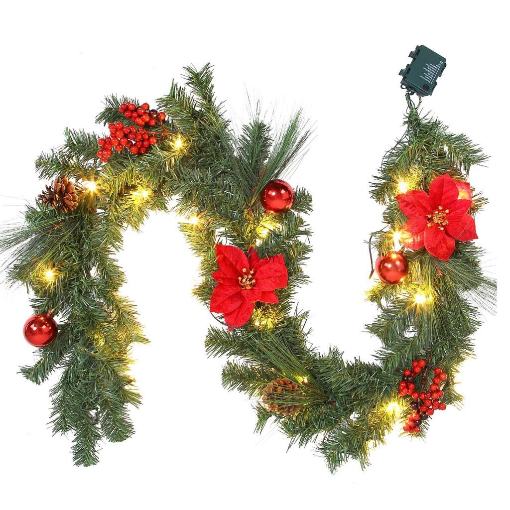 6 ft Christmas Garland for Mantle, Battery Operated Poinsettia Garland - N/A