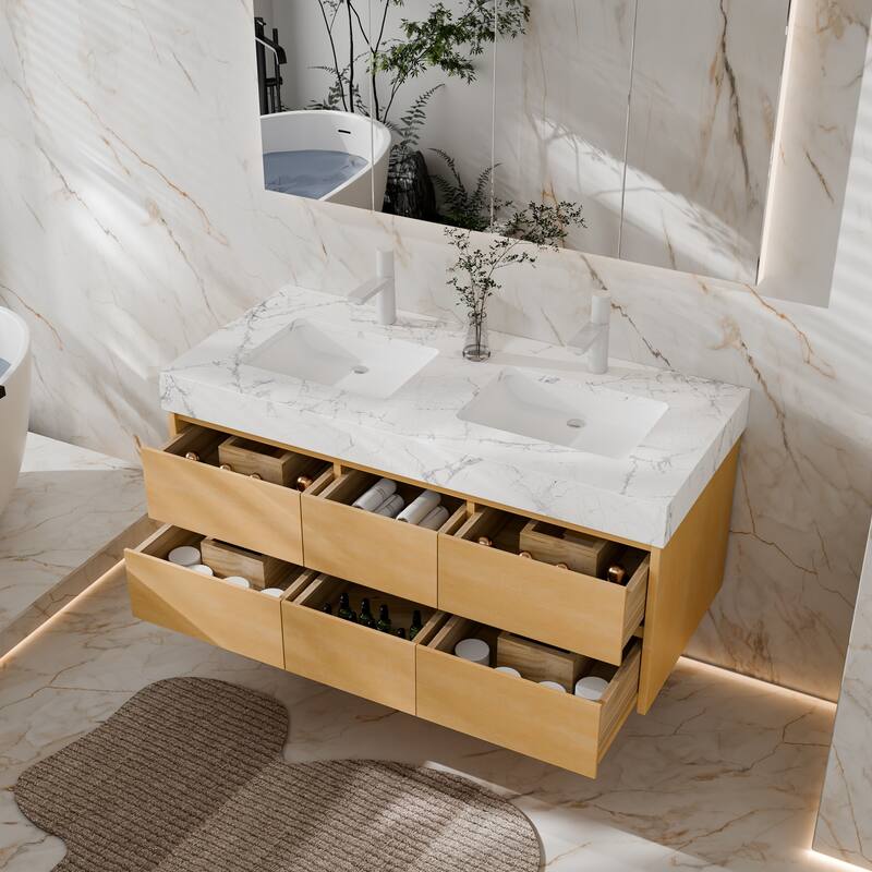 Modland 48" Wall-Mount Double Vanity with LED Lights & 6 Soft-Close Drawers - Engineered Stone Top, Maple Finish - 48 inch