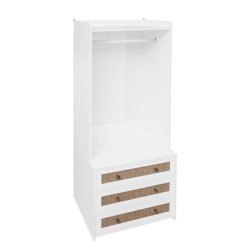 GDFStudio - NordRattan Modern White High Wardrobe Armoire with Rattan Drawers and Hanging Rod