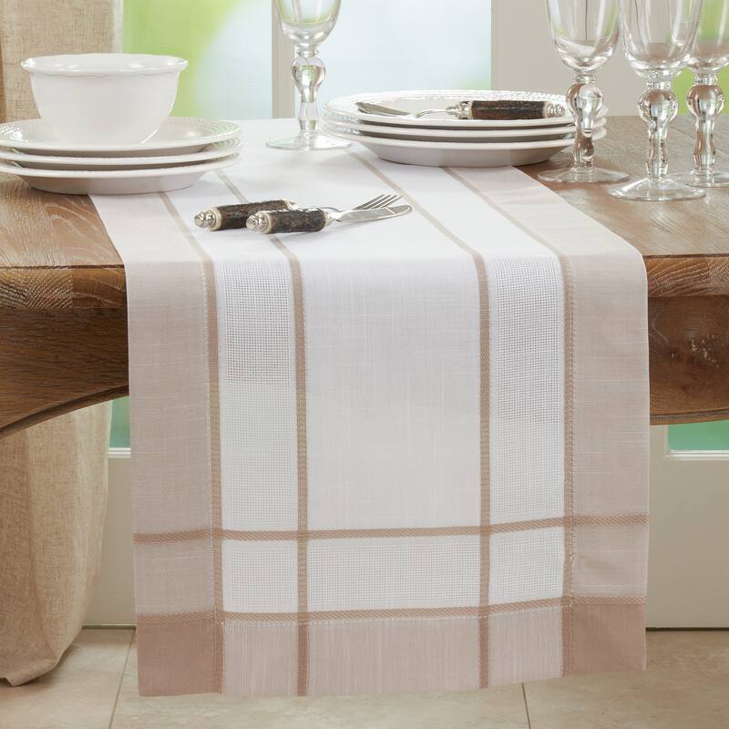 Long Table Runner With Banded Border Design - Natural - 16"x72"