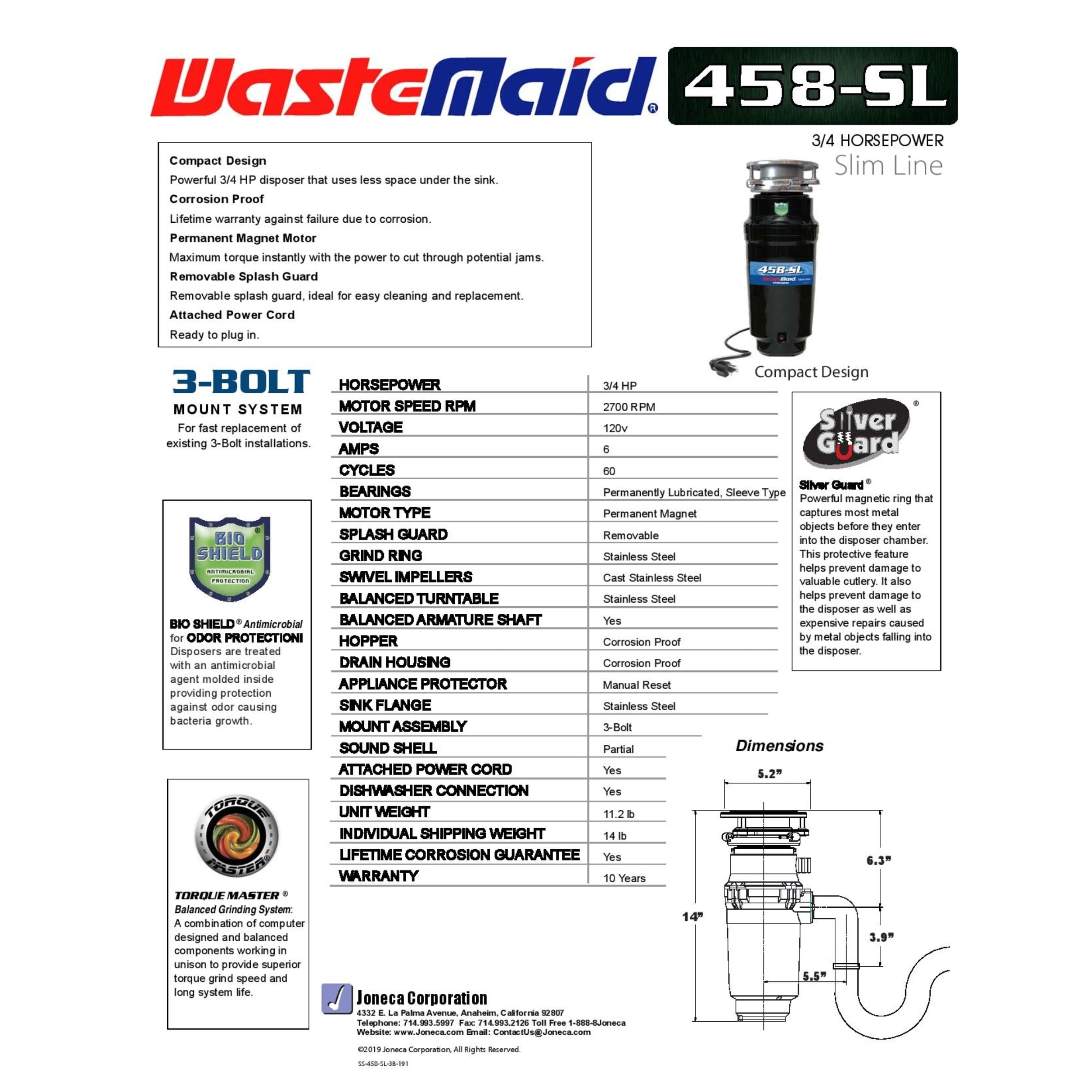 Waste Maid 10-US-WM-458-SL-3B Garbage Disposal Anti-Jam Stainless Steel Food Waste Grinding System, Odor Protection, HP Slim Line, Black - 4