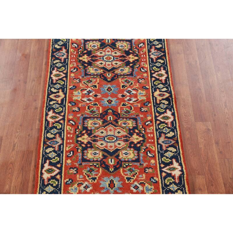 Hand Knotted Oriental 100% Wool Carpet Traditional Geometric Oranges & Rust Heriz (serapi) Runner Rug - 9' 9'' X 2' 6''