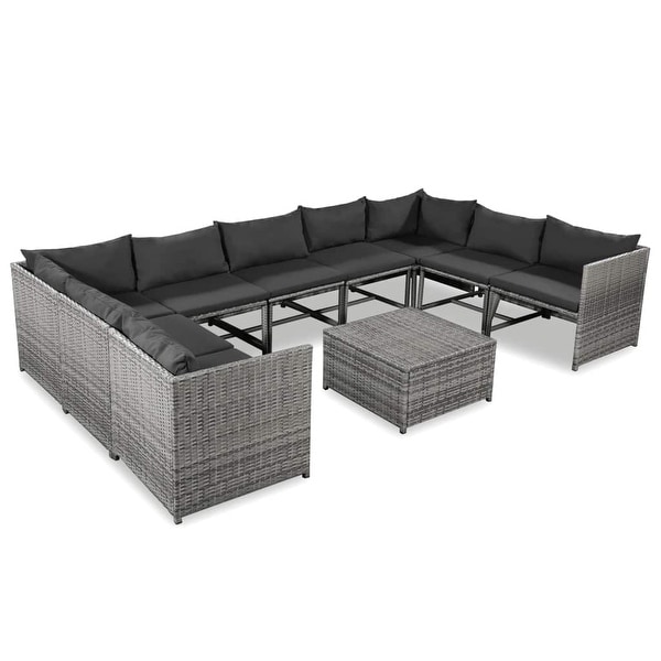 vidaXL 10 Piece Garden Lounge Set with Cushions Poly Rattan Gray - 23.6"x 23.6" x 23.6"