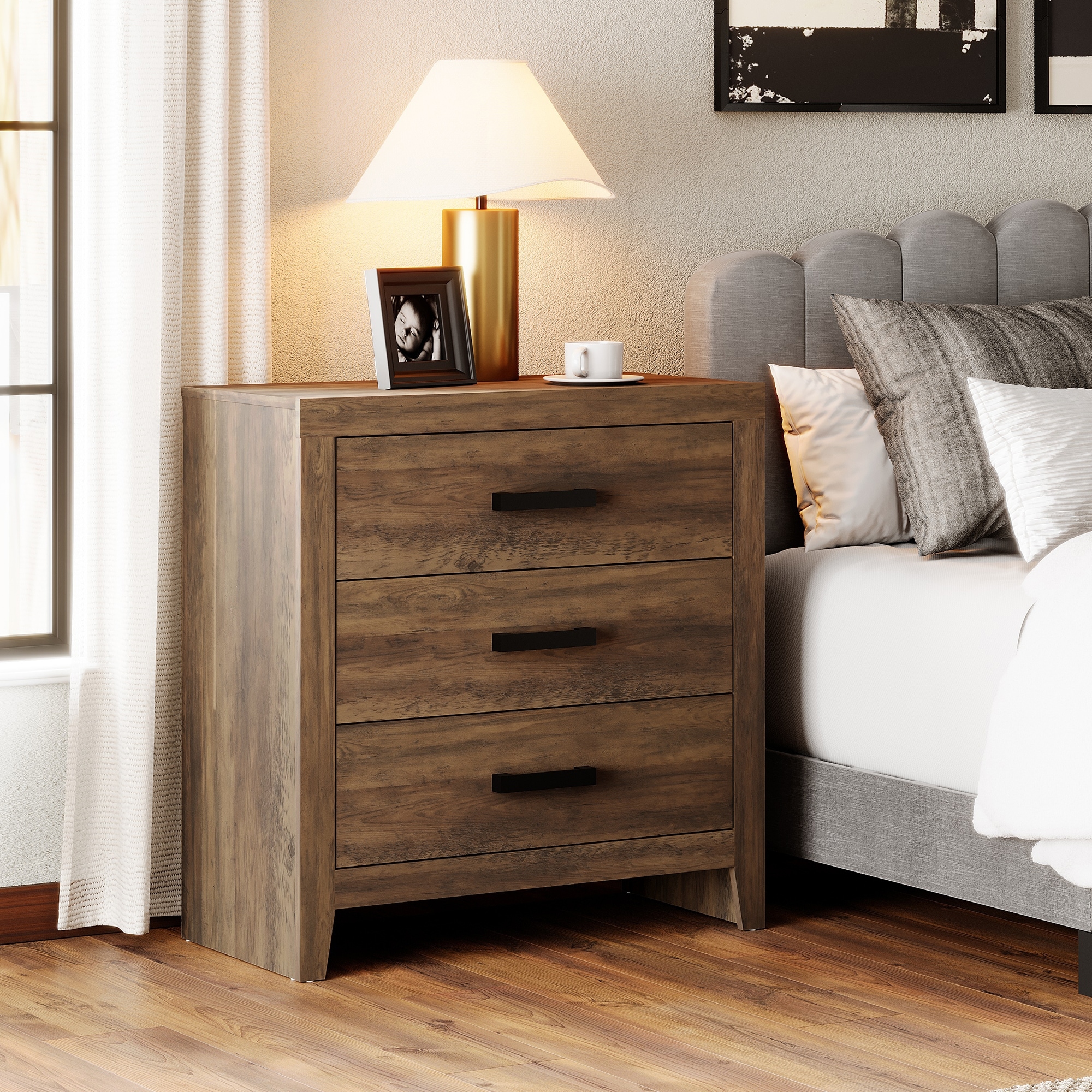 WAMPAT Wide Nightstand with 3 Drawers,Farmhouse Tall End Table,Large Storage for Bedroom,Wooden Side Table