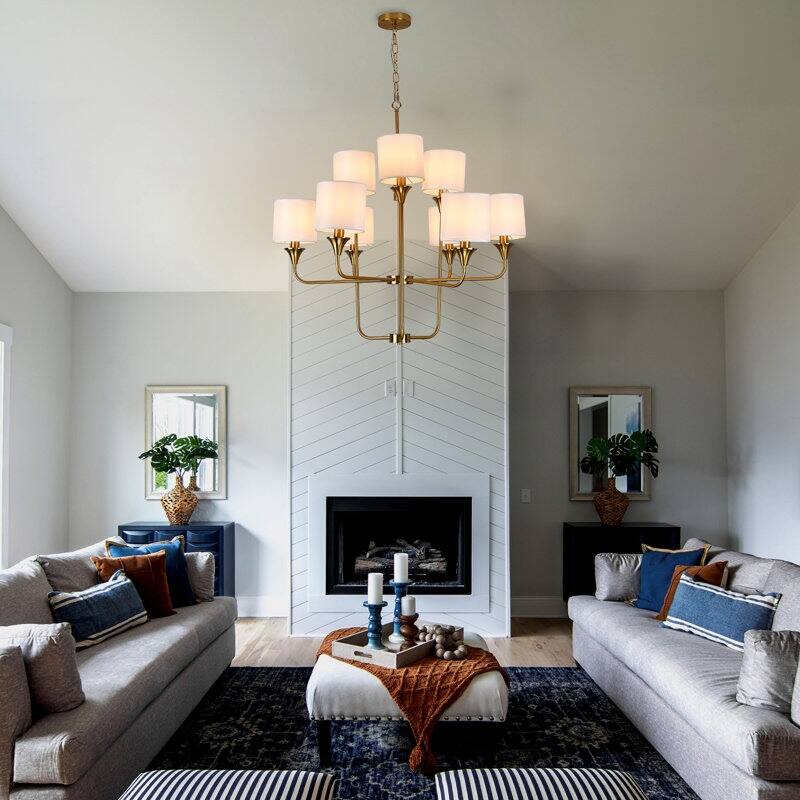 9-Light White Cylinder Shade Chandelier with Adjustable Chain
