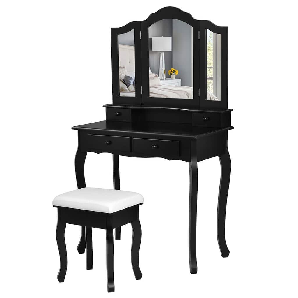 Gymax Bedroom Vanity Jewelry Makeup Dressing Table Set Folding Mirror - See Details