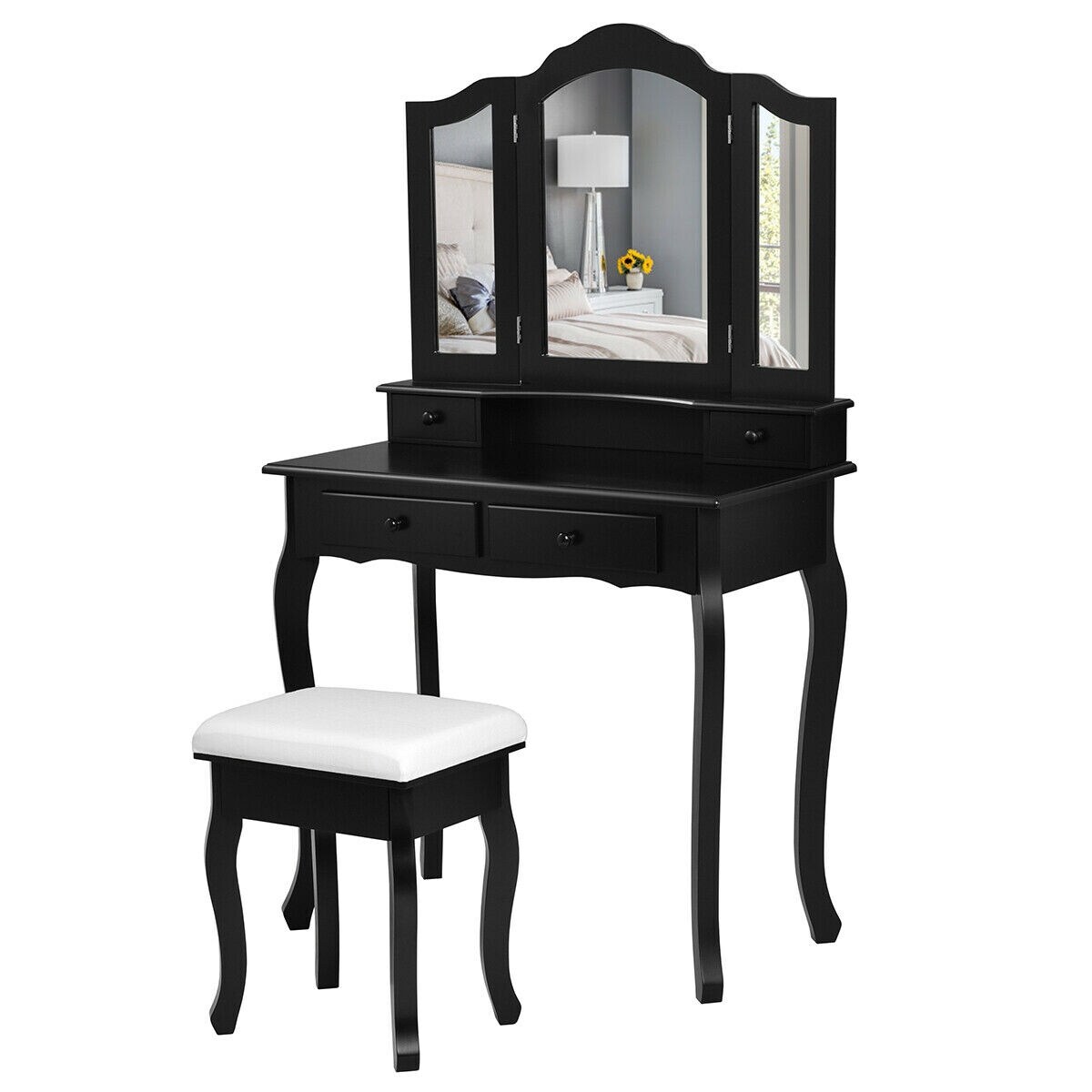 Gymax Bedroom Vanity Jewelry Makeup Dressing Table Set Folding Mirror - See Details