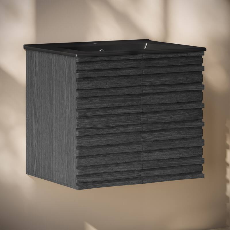 Cascade 24" Wall-Mounted Bathroom Vanity In Black Oak With Black Sink Top - 24
