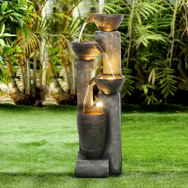 slide 2 of 13, 40-inch Outdoor Faux Stone Waterfall Fountain with LED Lights Grey