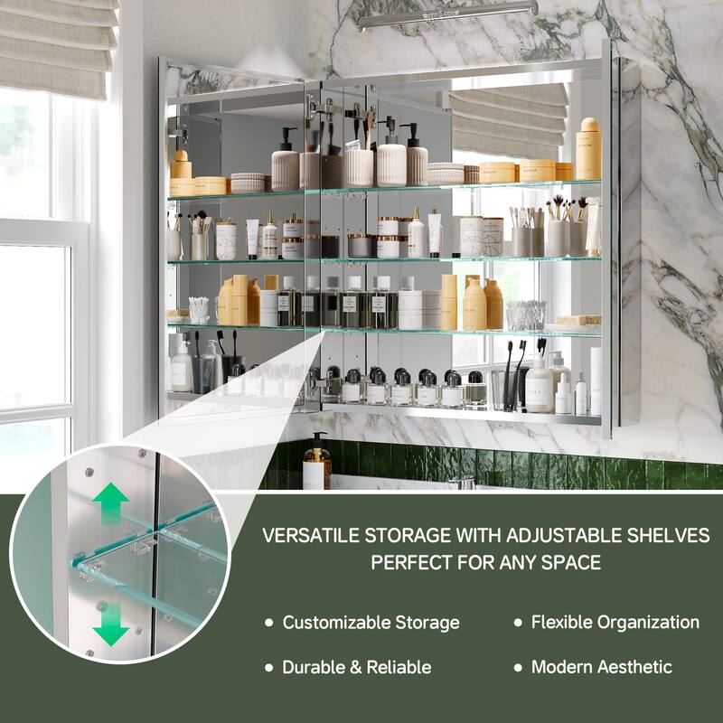 30x30 Mirrored Medicine Cabinet, Dual-Swing, Tri-View, Copper-Free, Blum Soft-Close, Recessed/Surface, Chrome Aluminum