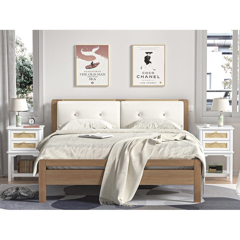 Modern 27.95"H Tall 2-Drawer White Nightstand Wood Rattan Side End Table for Bedroom with Storage Shelf