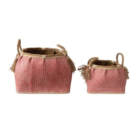Hand-Woven Seagrass Baskets with Handles, Coral Color, Set of 2