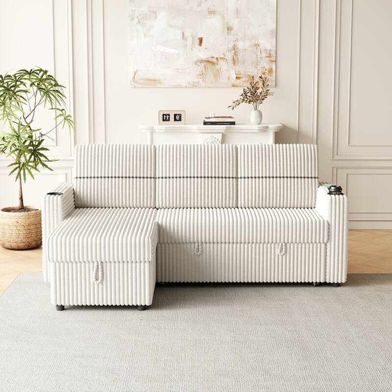 Pull-Out Sofa Bed with Storage Chaise, USB Port, and Cup Holders - 3-Seater Sleeper Couch
