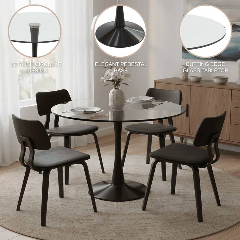 Bristol Round Dining Table with Glass Top and Steel Pedestal Base for Kitchen and Dining Room