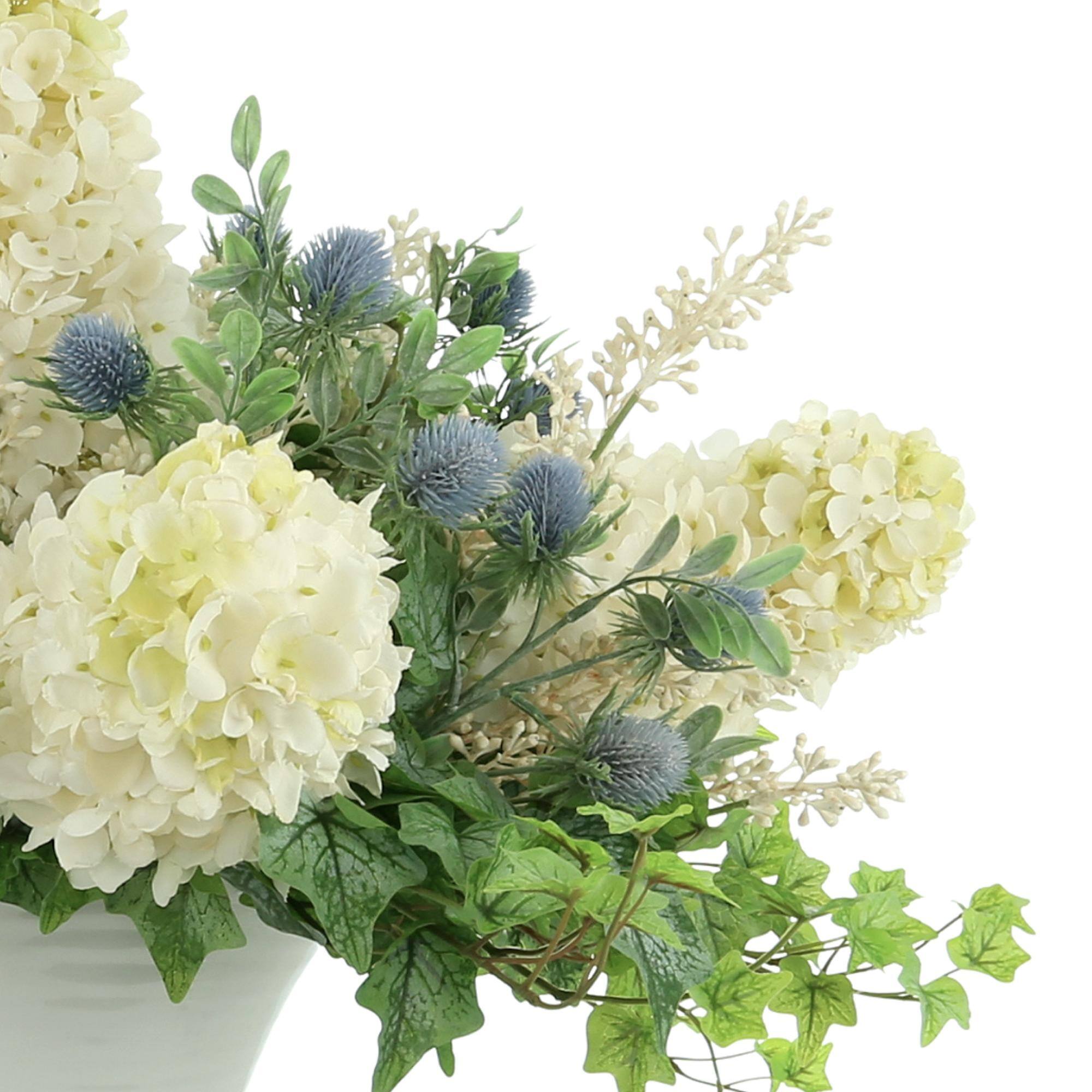 Cone Hydrangea, Thistle and Ivy Floral Arrangement in Ceramic Vase