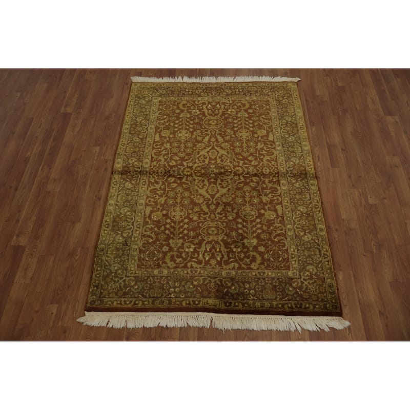 Hand Knotted Oriental 100% Wool Carpet Traditional Floral Oranges & Rust Aubusson Area Rug - 5' 5'' X 4' 0''