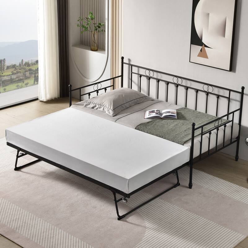 Twin Steel Metal Daybed With Pop-Up Trundle - Black - Twin
