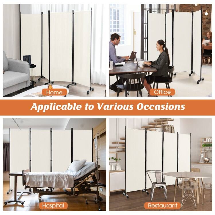 4-Panel Folding Room Divider Rolling Privacy Screen with Lockable Wheels - 89" x 12" x 68" (L x W x H)