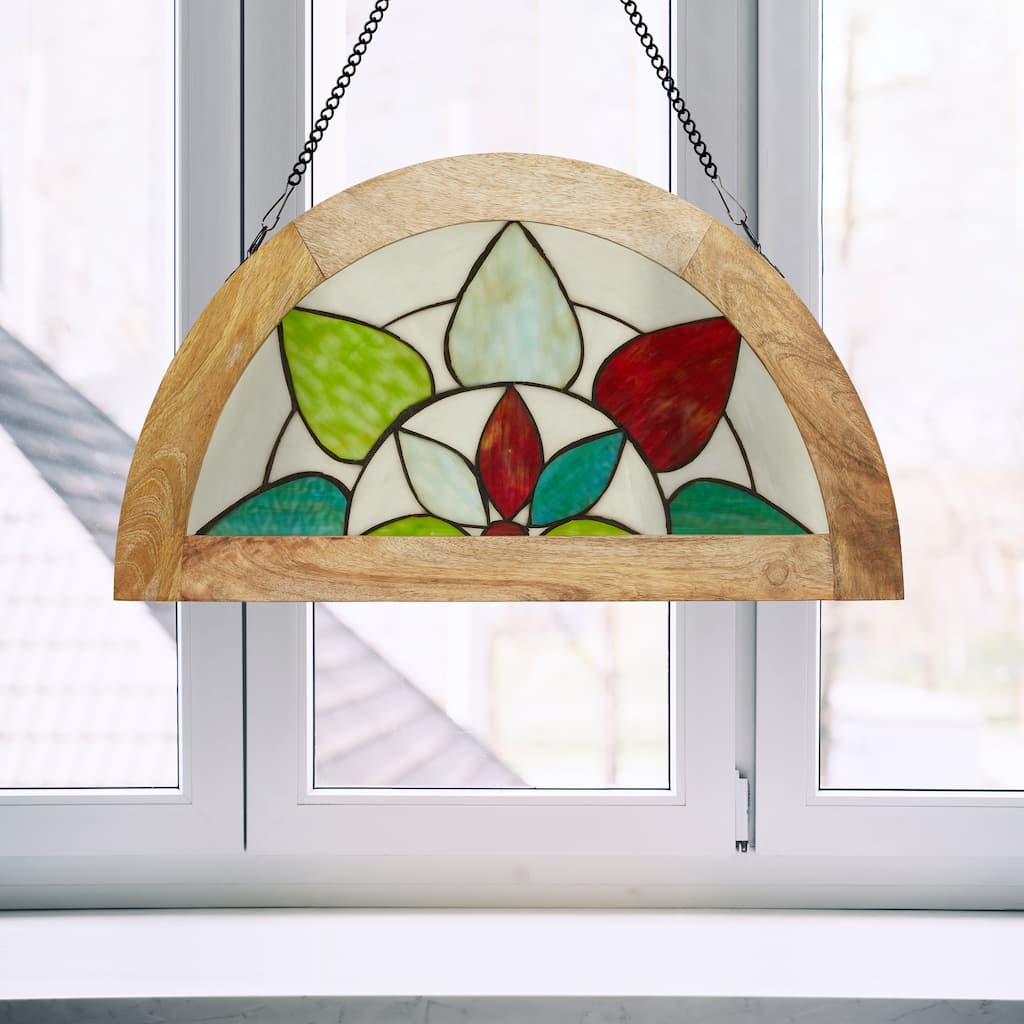 River of Goods 14-Inch Arch Flower Stained Glass Window Panel - 24" x 1" x 14"