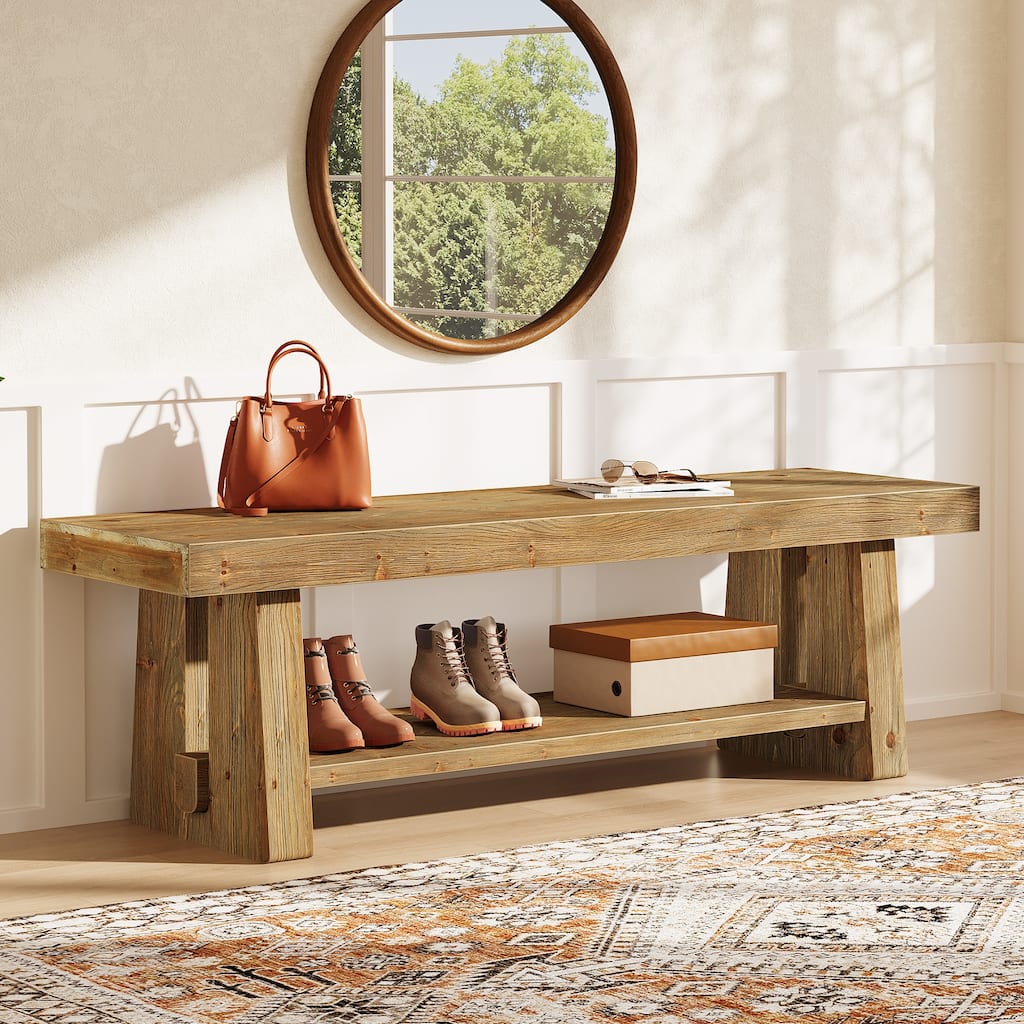 63" Solid Wood 2-Tier Entryway Bench with Open Shelves, Dining Bed End Accent Seat for Dining Room Living Room Hallway Bedroom