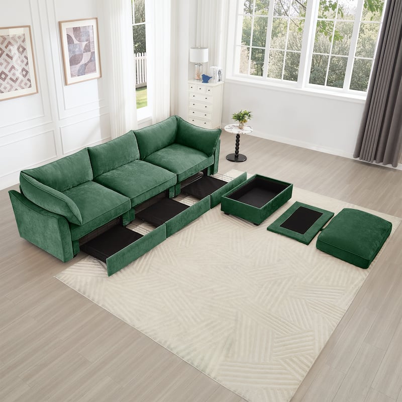 112" Modern L-Shaped Modular Sectional Sofa for Living Room, Oversized Chenille Couch w/ Hidden Storage and Movable Ottoman