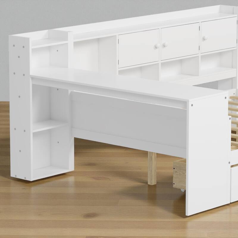 Wooden L-Shaped Daybed with Study Desk, Bookshelf, 7 Storage Cabinets and 2 Drawers, Multi-Functional Space-Saving Bed