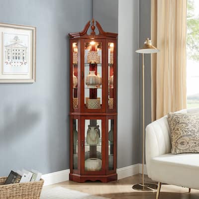 Lighted Curio Cabinet with Mirrored Back, Wooden Corner Display Cabinet, China Cabinet with Glass Doors ＆ Adjustable Shelves