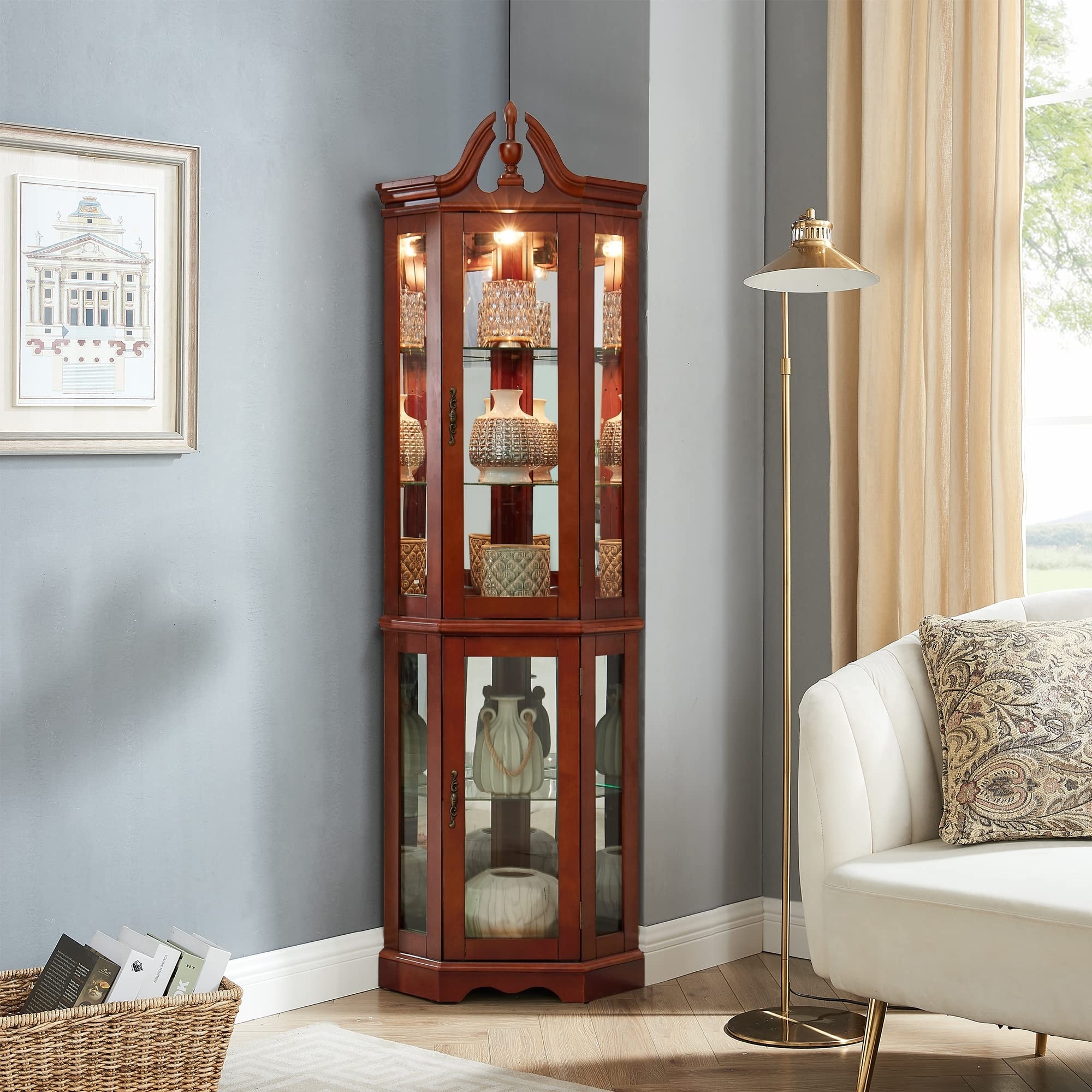 Lighted Curio Cabinet with Mirrored Back, Wooden Corner Display Cabinet, China Cabinet with Glass Doors ＆ Adjustable Shelves