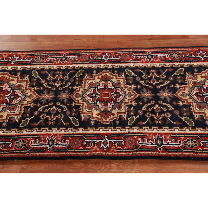 Hand Knotted Oriental 100% Wool Carpet Traditional Geometric Navy Blue & Blues Heriz (serapi) Runner Rug - 7' 10'' X 2' 7''