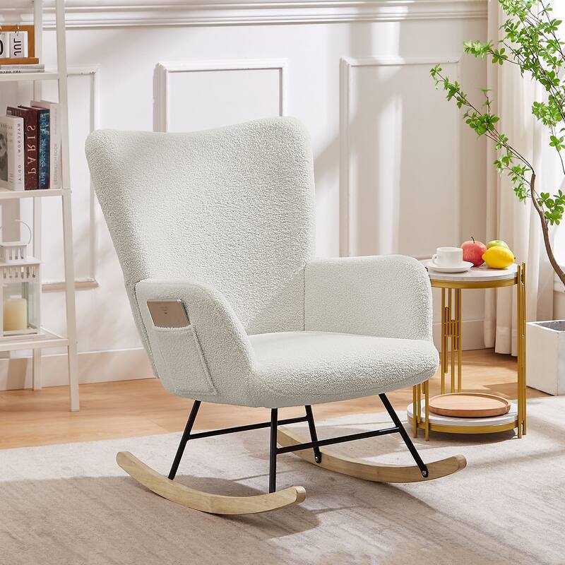 Javlergo 2 Piece Upholstered Teddy Rocking Chair with Storage Pockets Modern Rocking Accent Chairs Comfy Side Chair