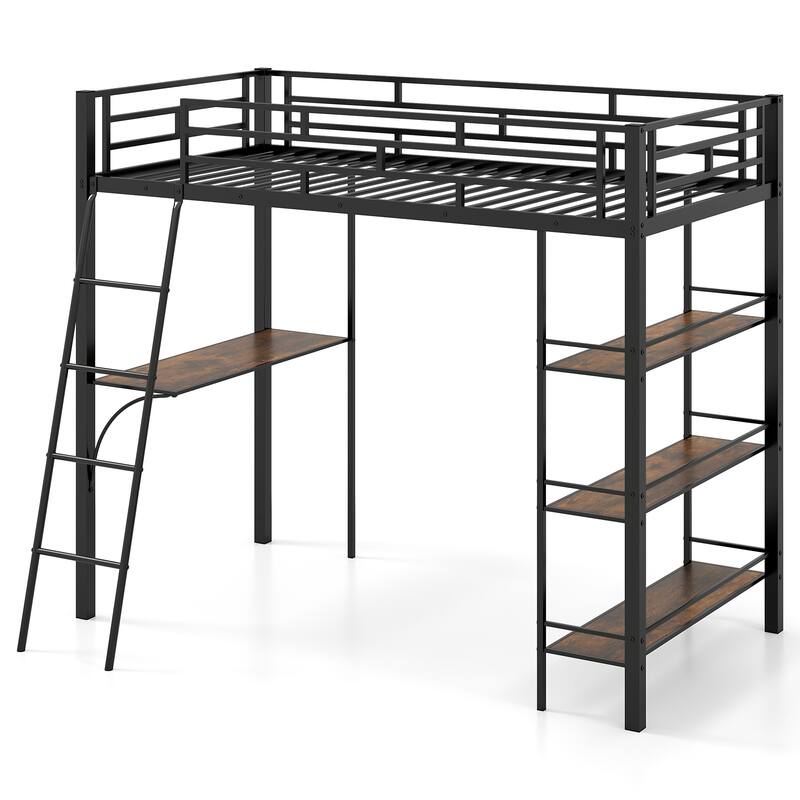 Gymax Twin Size Loft Bed w/ Desk & Shelves Inclined Ladder &