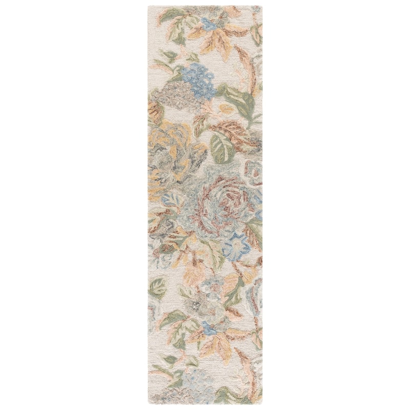 SAFAVIEH Handmade Jardin Kriemhild Floral Wool Rug - 2'3" x 8' Runner - Beige/Blue